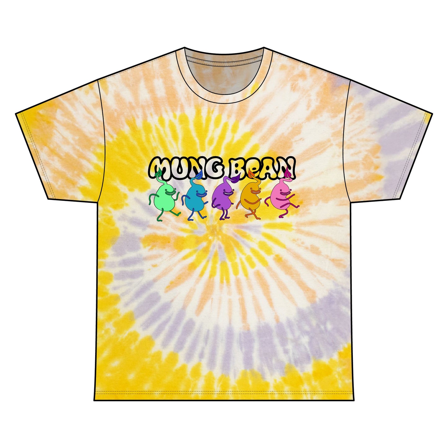 Tie-dye t-shirt with 'Mung Bean' text and cartoon characters on a white background