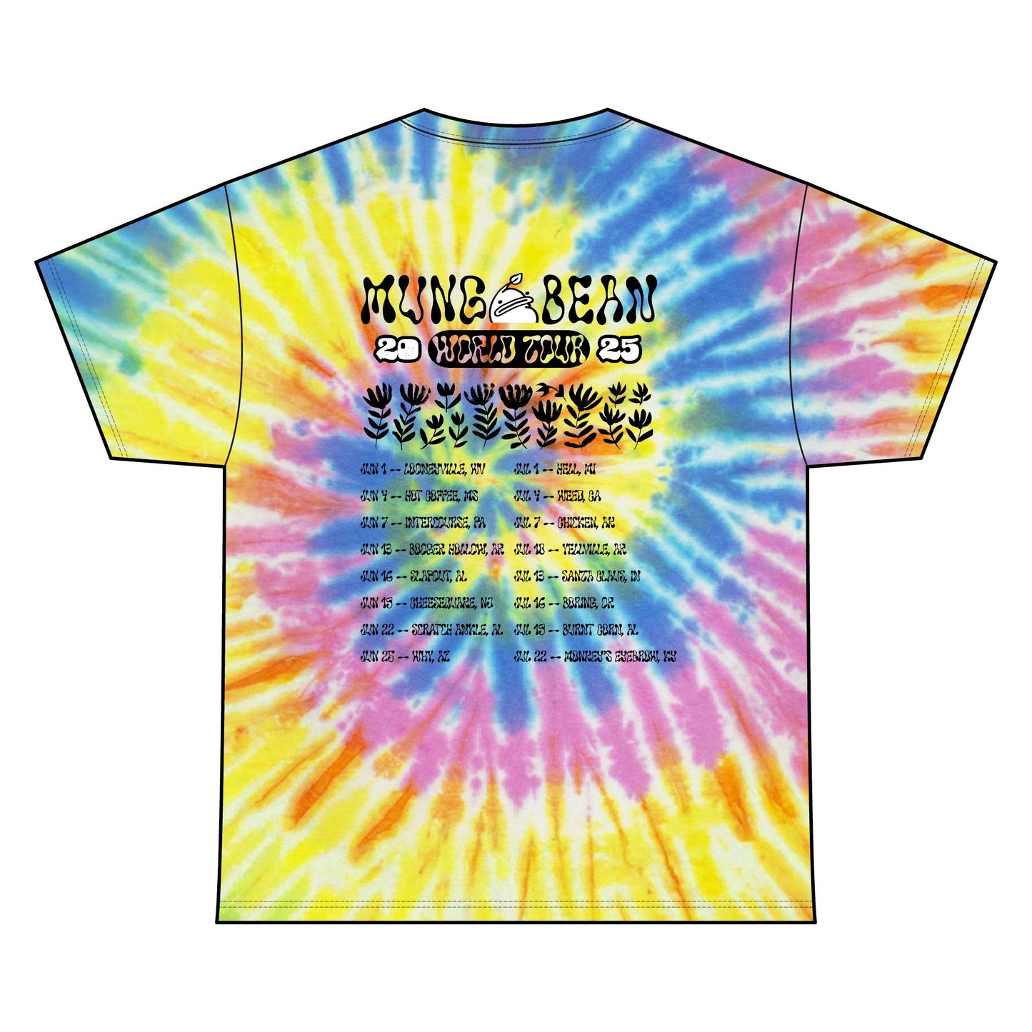 Tie-dye t-shirt with colorful design and text on a white background