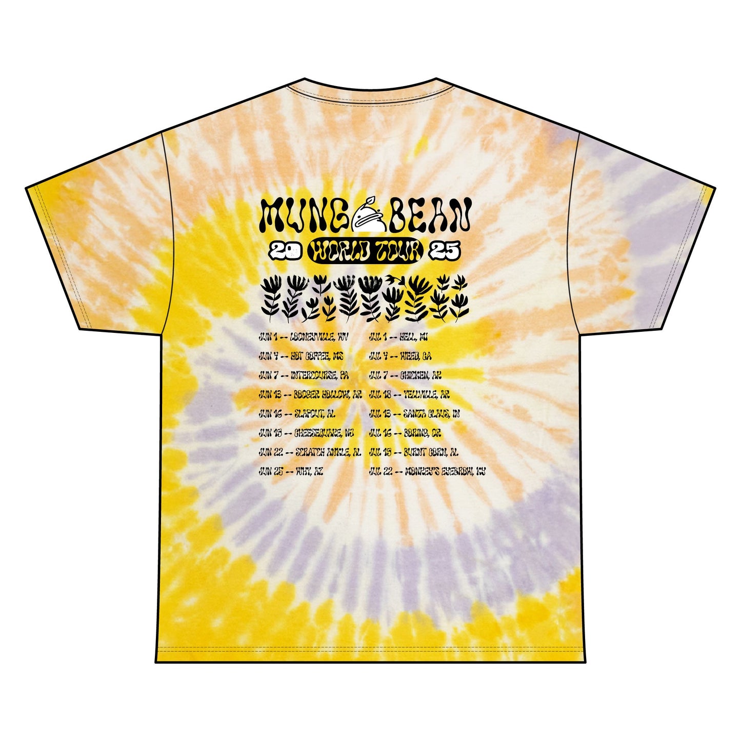 Tie-dye t-shirt with Mung Bean World Tour text on a white background