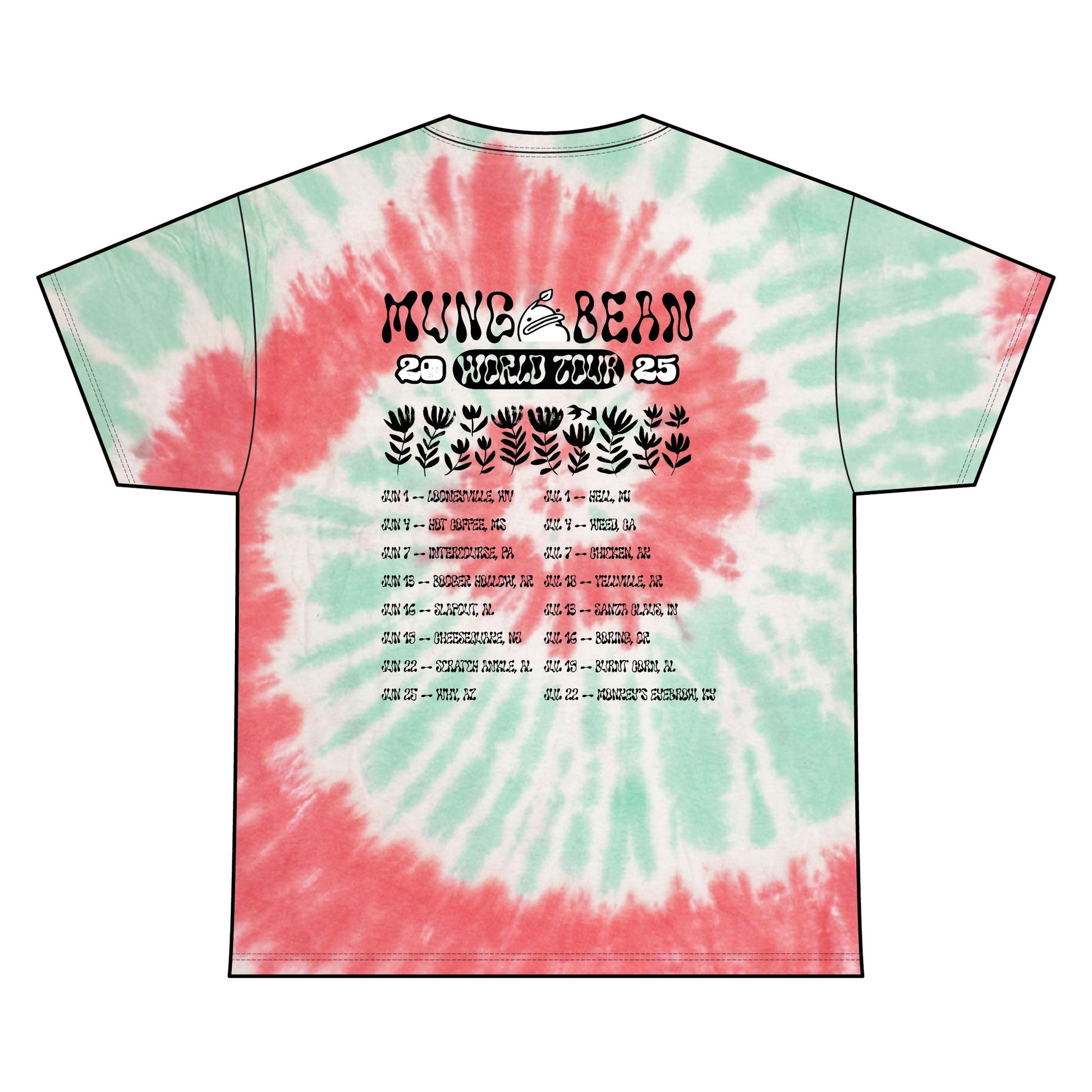 Tie-dye t-shirt with red and green pattern and text on a white background