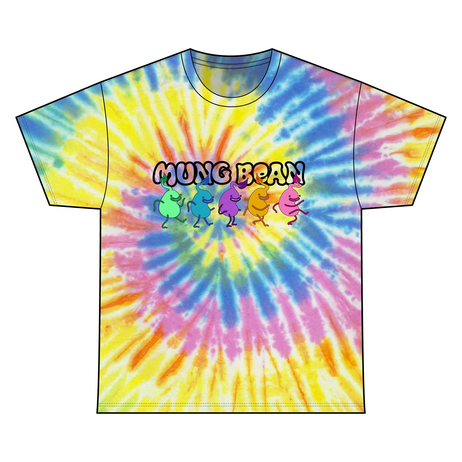Tie-dye t-shirt with colorful design and 'Mung Bean' text on a white background