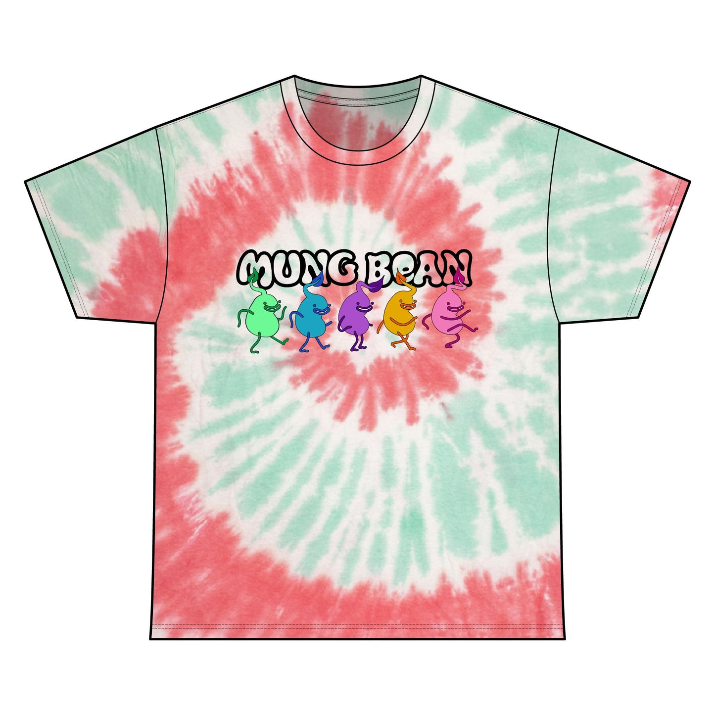 Tie-dye t-shirt with colorful characters and 'Mung Bean' text on a white background